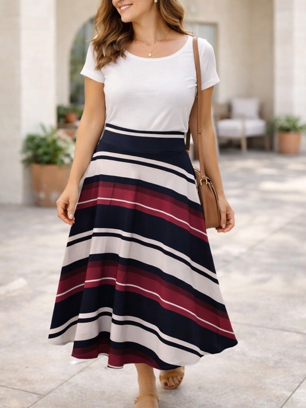 Agnes & Dora Midi Skirt Comfy Pull-On Waist Tan Red Black Striped Size Small